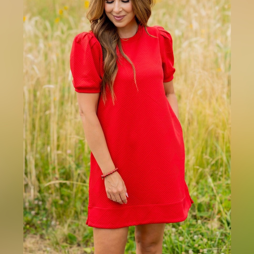 JODIFL Vibrant Red Subtle Argyle Dress with Puff Sleeves